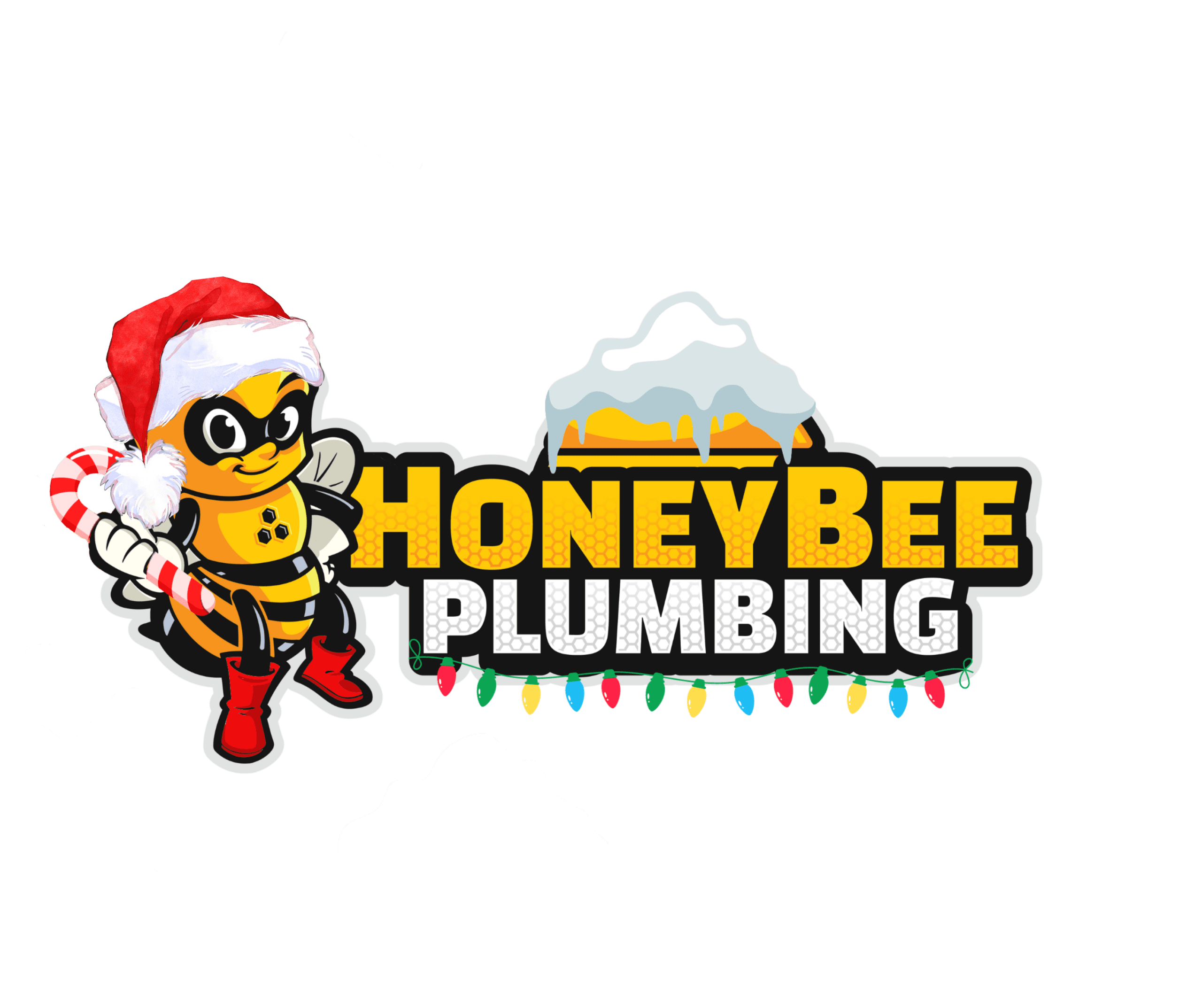 Honey Bee Plumbing logo featuring a bee mascot wearing a Santa hat and red boots, holding a candy cane, with a snow cap on the logo and Christmas lights strung around.