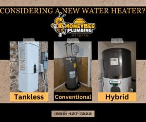 Cork board featuring Honey Bee Plumbing logo, license number RF11067738, and images of three types of water heaters: Navien gas tankless, conventional, and A.O. Smith hybrid.