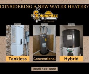 Explore Your Water Heater Options with Honey Bee Plumbing - Honey Bee Plumbing Cork board featuring Honey Bee Plumbing logo, license number RF11067738, and images of three types of water heaters: Navien gas tankless, conventional, and A.O. Smith hybrid.
