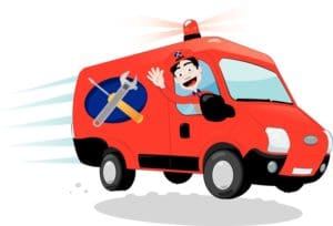 Illustration of an emergency plumber leaning out the window of a van with emergency lights on