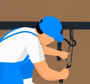 Illustration of a plumber working on pipes under a sink