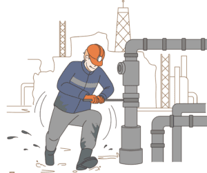 Cartoon drawing of a plumber using a wrench to work on pipes.