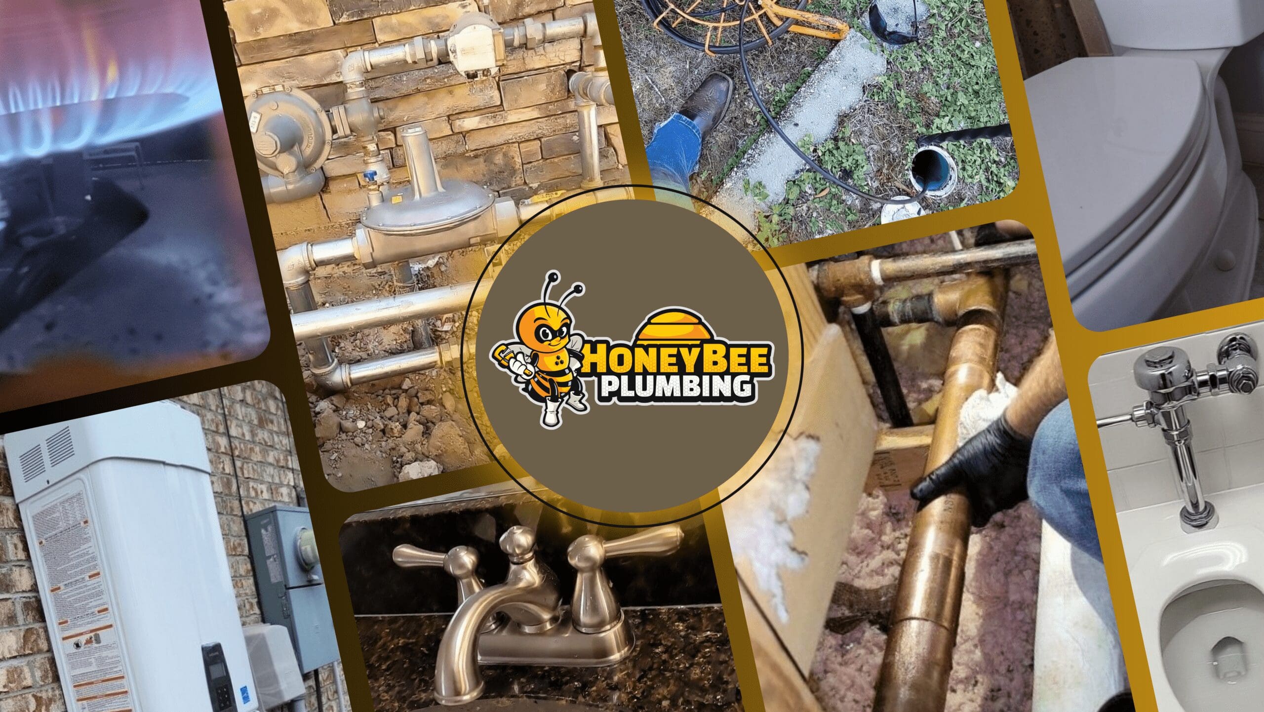 Collage featuring Honey Bee Plumbing's logo and various plumbing job photos