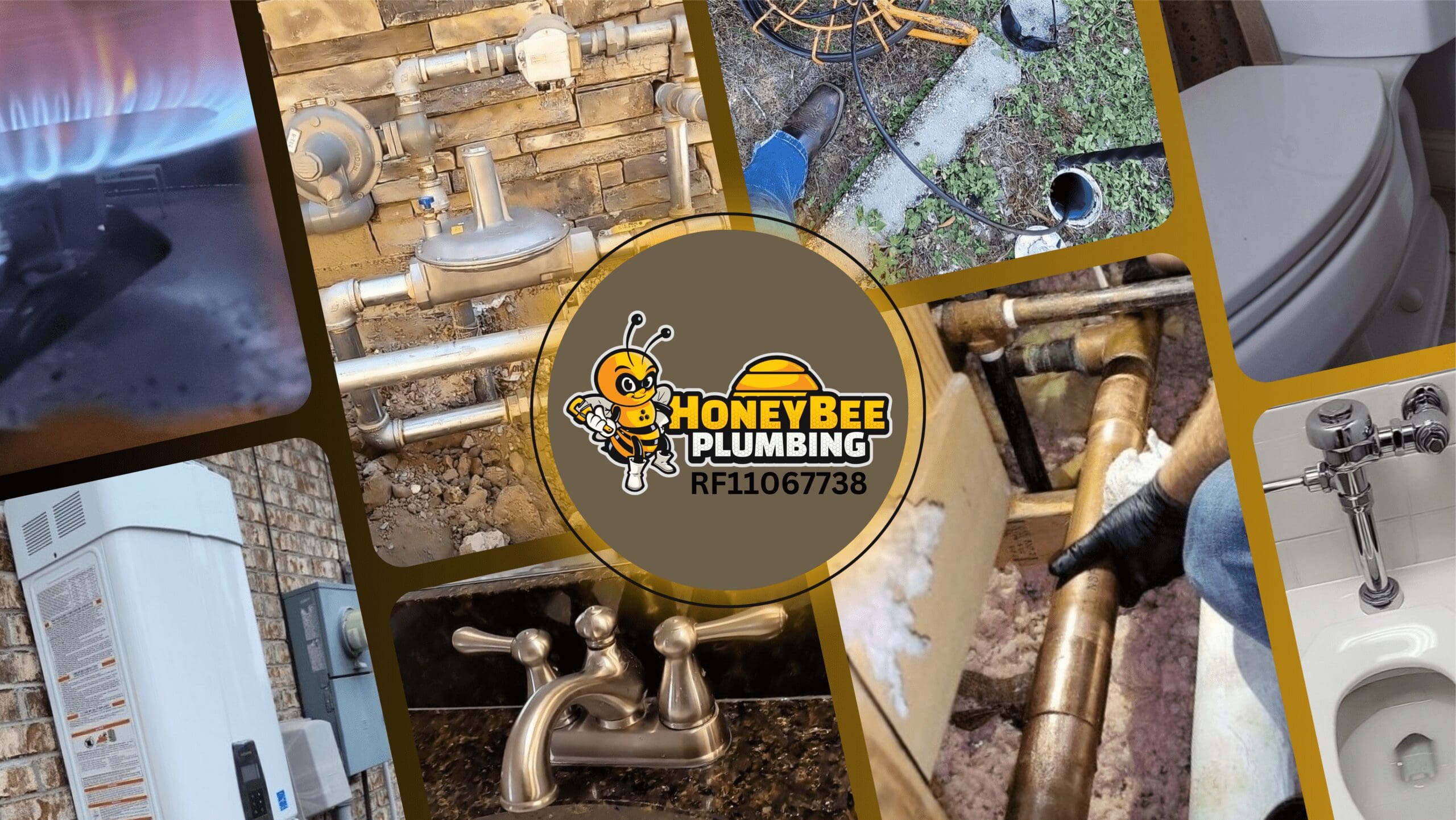 Collage of Honey Bee Plumbing services behind company logo.