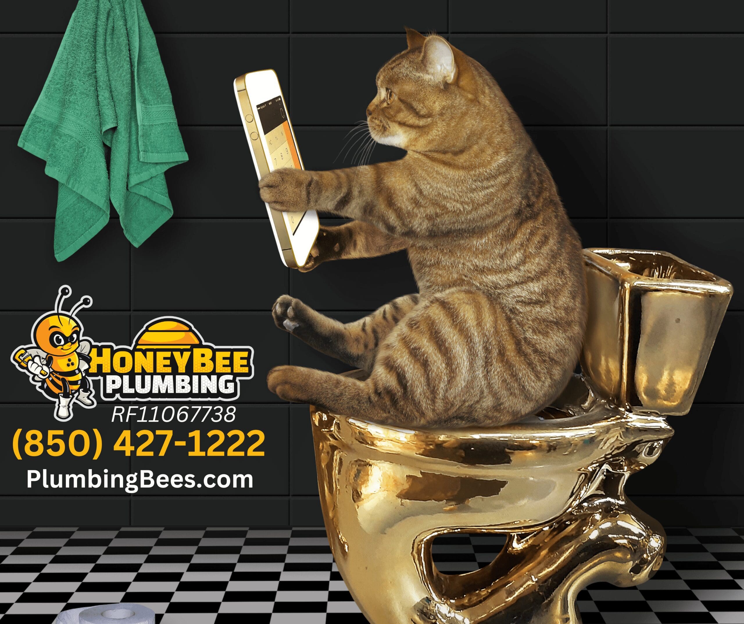 A cat amusingly seated on a golden toilet, playing with an iPhone, next to a cute Honey Bee Plumbing superhero mascot, with contact information.