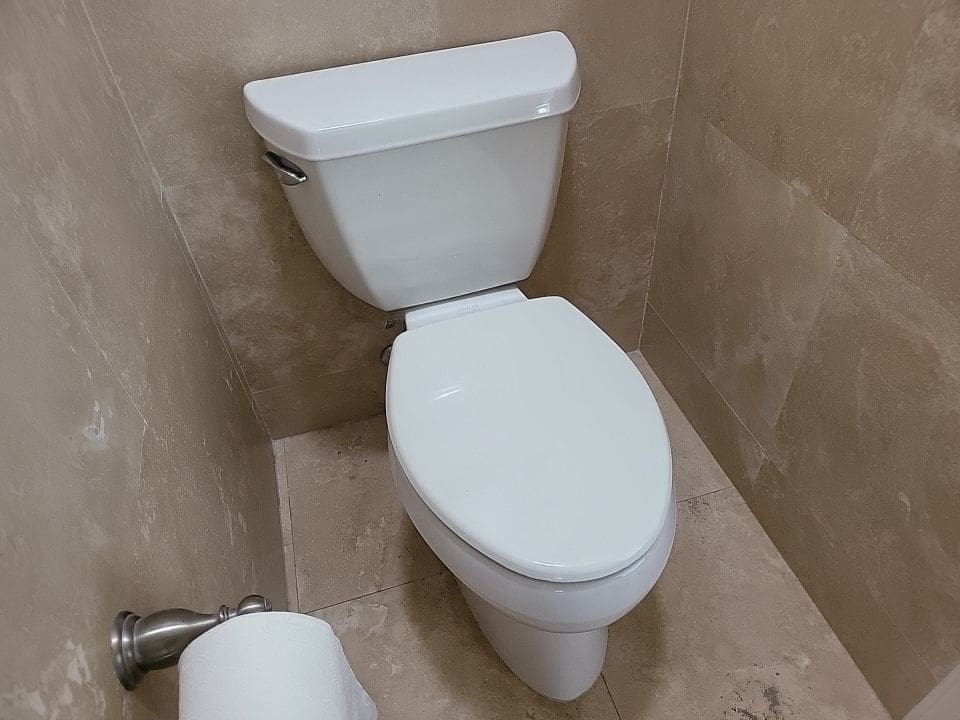 Elongated ADA Compliant Toilet in Tiled Bathroom - Honey Bee Plumbing ADA Compliant Toilet in Tiled Bathroom