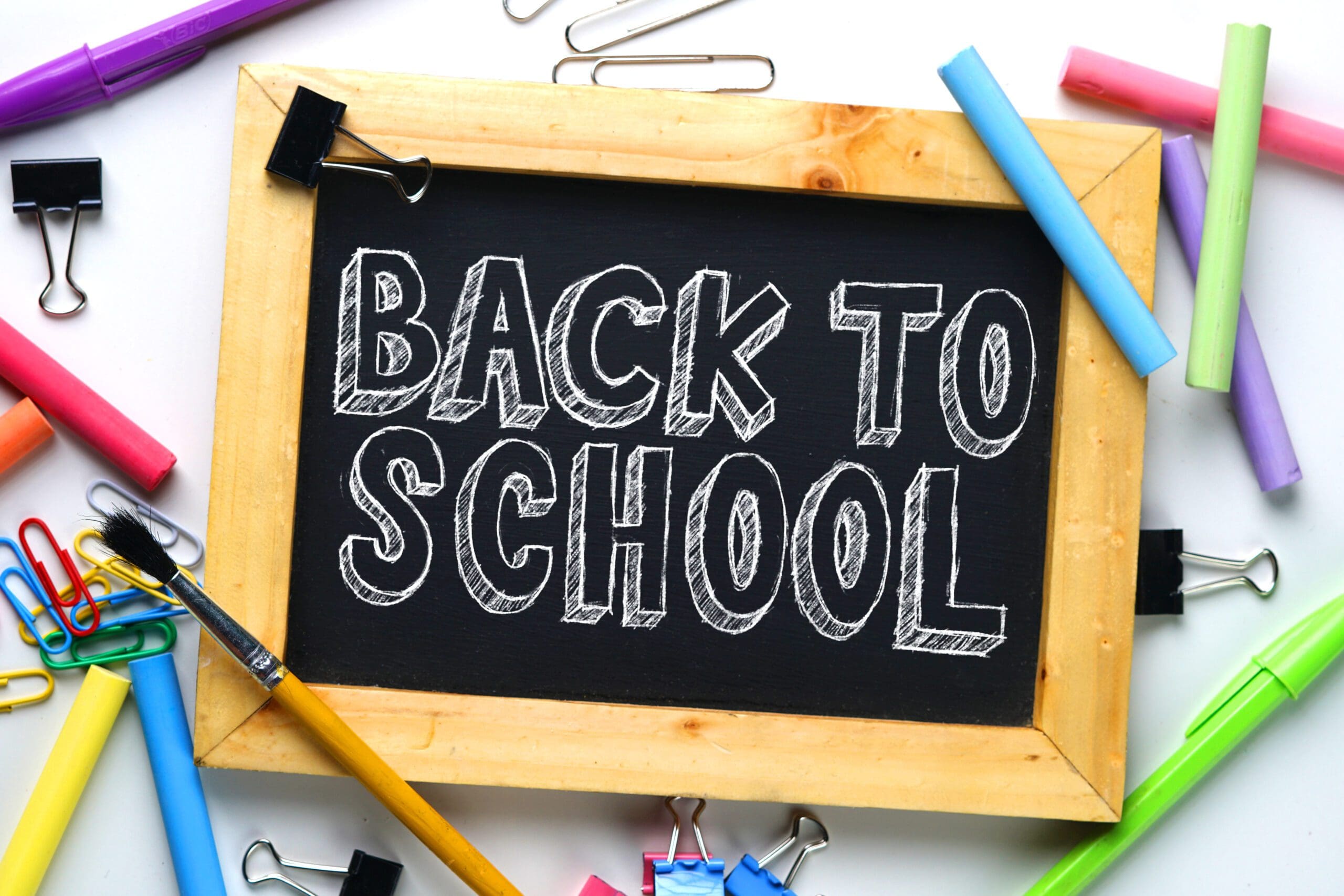 Back to School Text Wooden Frame Blackboard Between School Stationary - Honey Bee Plumbing Back to School