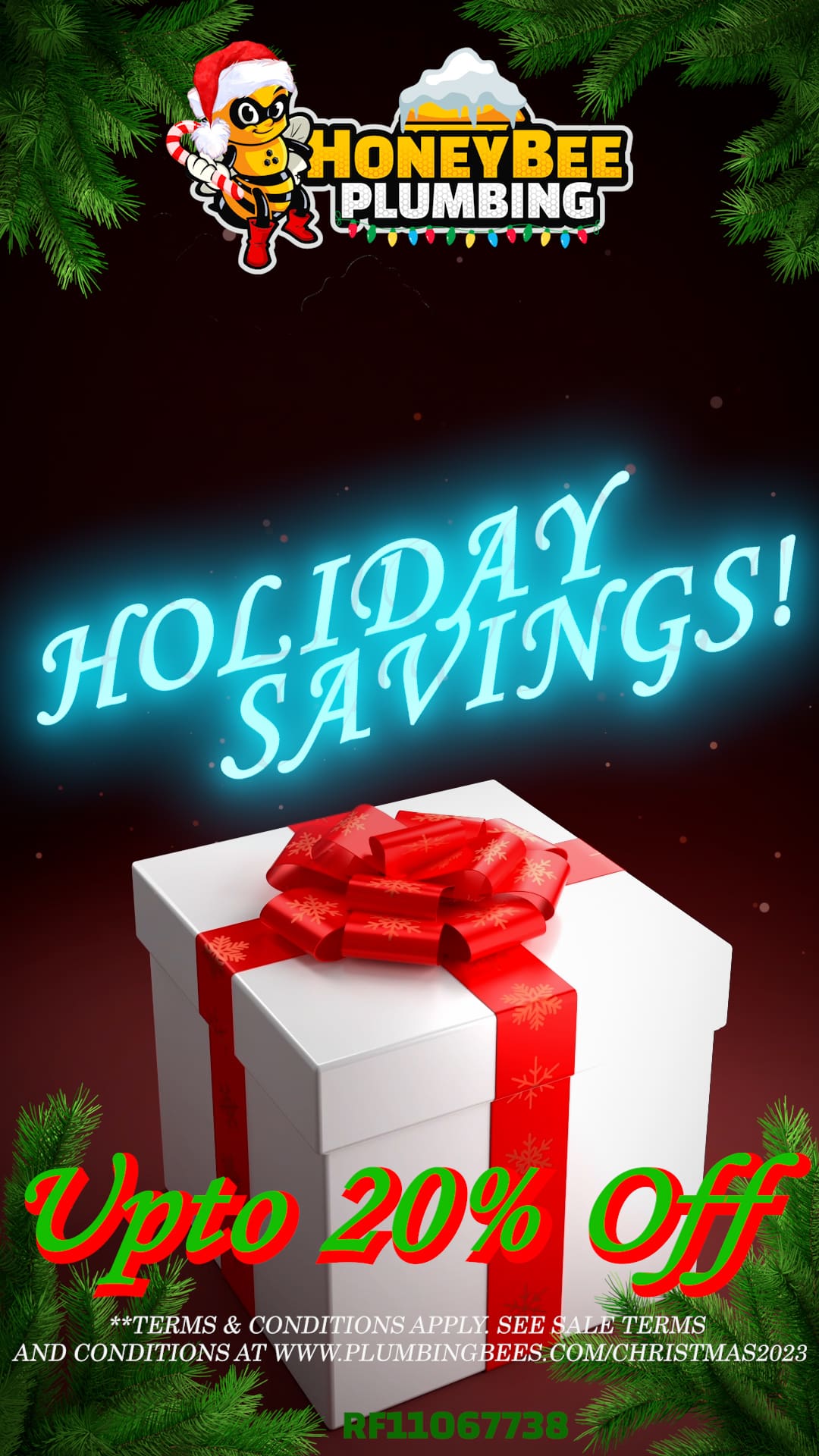 A vibrant image featuring the Honey Bee Plumbing logo, prominently displaying an up to 20% off offer for the Christmas 2023 Special. The logo is set against a festive background with holiday-themed decorations.
