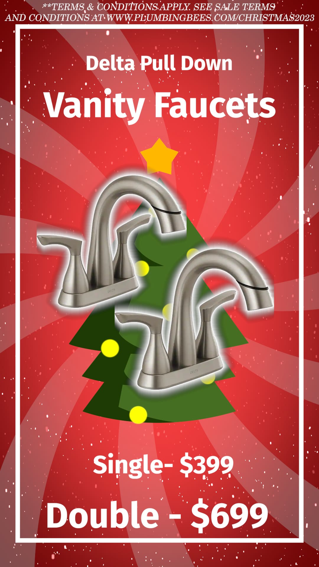 Advertisement for Honey Bee Plumbing's Christmas 2023 special, showcasing a selection of bathroom lavatory faucets. The company's logo is at the center, surrounded by festive decorations like holly and lights, with a color scheme of red, green, and gold. The faucets are displayed with an eye-catching design, emphasizing the holiday offer.