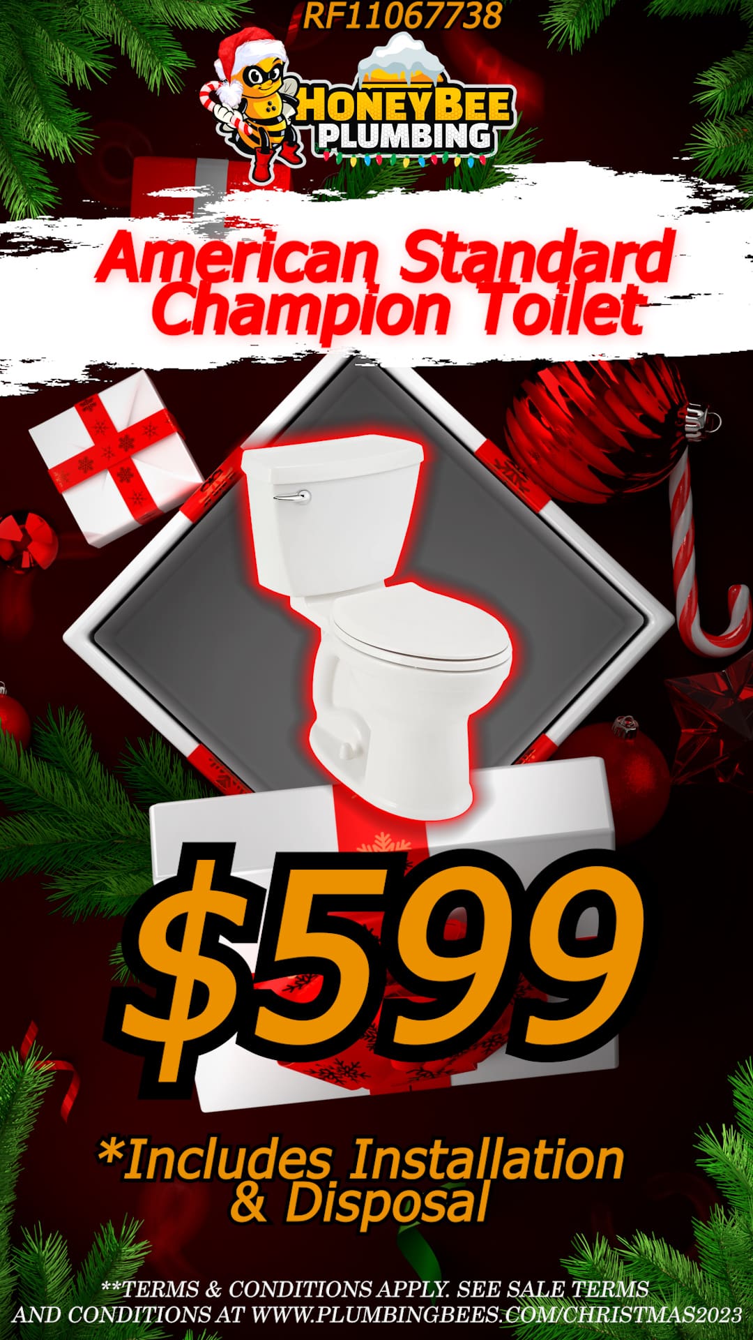 Advertisement showcasing Honey Bee Plumbing's Christmas 2023 special offer for an American Standard Champion toilet installation at 9. The image features the toilet model prominently against a festive background adorned with Christmas decorations like garlands and snowflakes, and a color scheme of red, green, and white. The Honey Bee Plumbing logo is prominently displayed, enhancing the holiday theme of the advertisement.