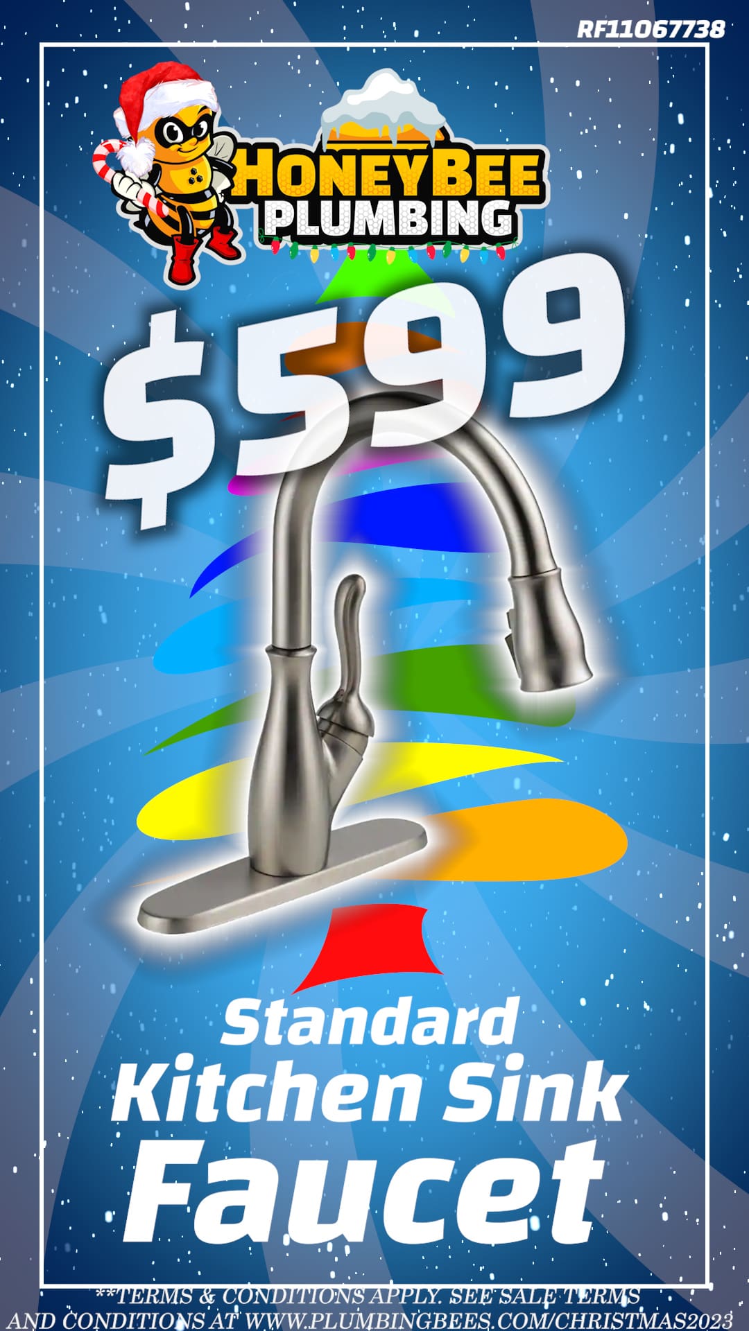 Advertisement for Honey Bee Plumbing's Christmas 2023 special, featuring the installation of a standard pull down kitchen sink faucet for 9. The image highlights the faucet against a festive and visually appealing holiday-themed backdrop, complete with twinkling lights, ornaments, and a color scheme of red, green, and silver. The Honey Bee Plumbing logo is prominently displayed, adding to the seasonal charm of the ad.