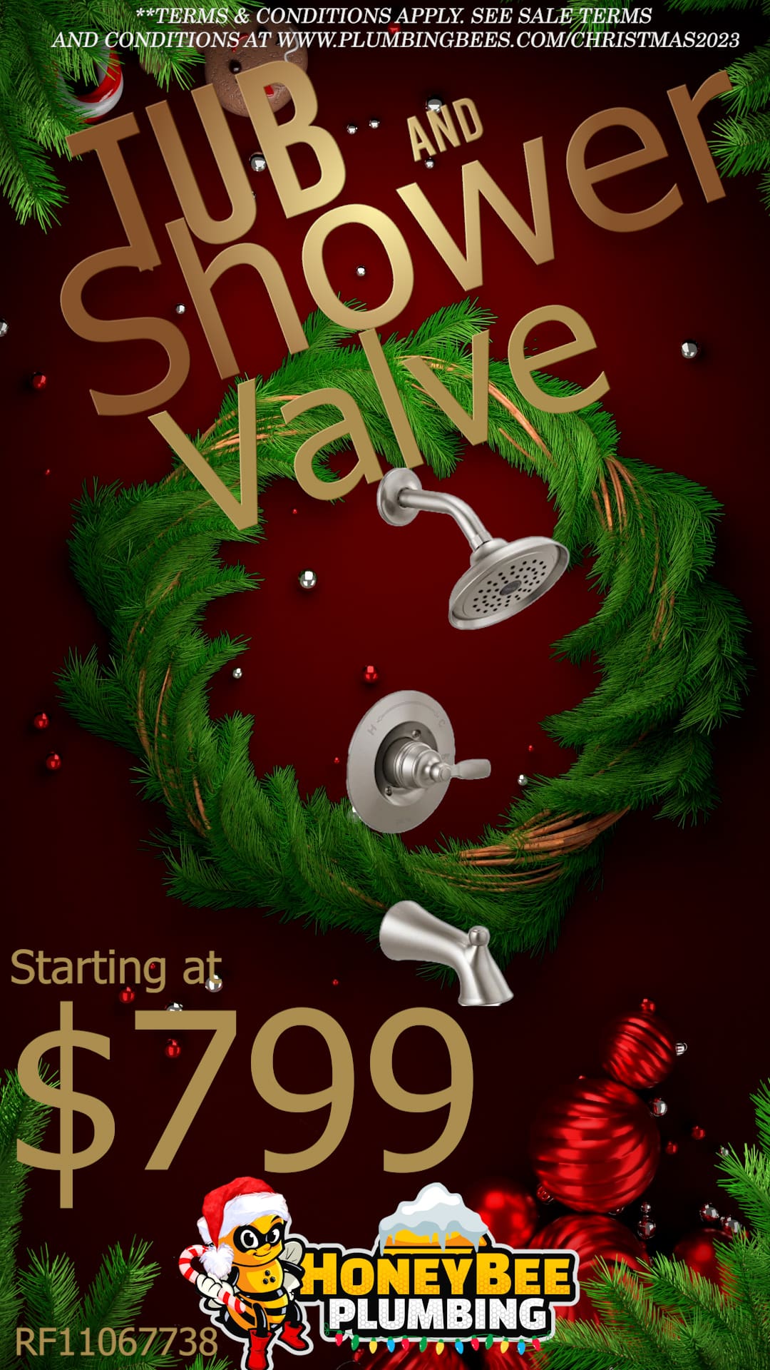 A colorful and festive advertisement for Honey Bee Plumbing's Christmas 2023 special, featuring tub or shower valve replacements starting at 9. The image showcases a shower valve against a holiday-themed backdrop, adorned with festive ribbons, snow, and a color scheme of red, green, and blue. The Honey Bee Plumbing logo is prominently featured, enhancing the seasonal feel of the promotion.