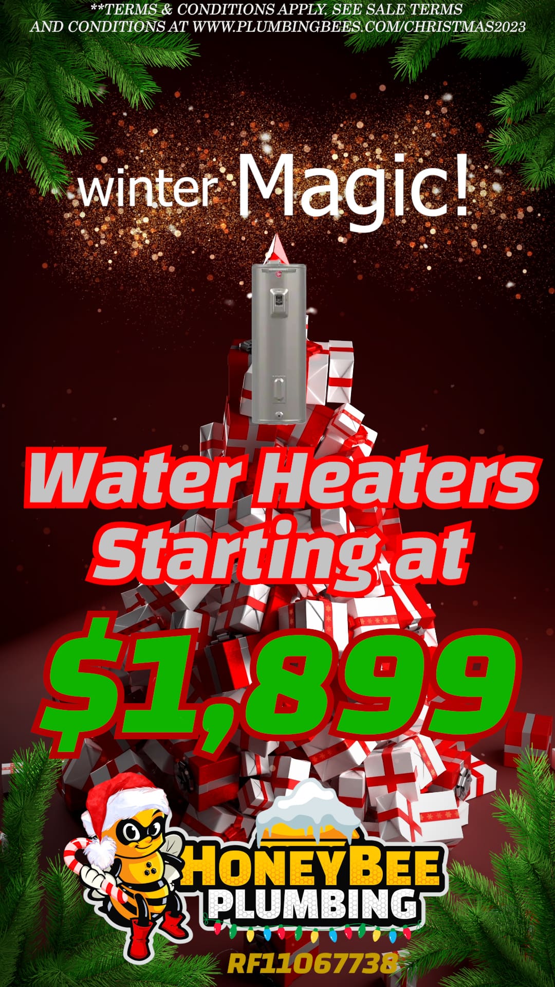 Advertisement for Honey Bee Plumbing's Christmas 2023 sale, featuring water heater replacements starting at 99. The image presents a modern water heater against a festive, holiday-inspired backdrop, adorned with seasonal elements like Christmas wreaths, sparkling lights, and a color scheme of red, green, and white. The Honey Bee Plumbing logo is prominently displayed, adding a touch of holiday cheer to the promotion.