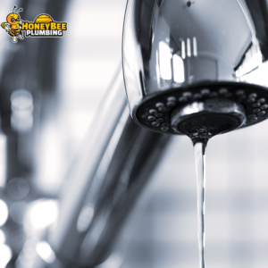 A faucet set to a steady trickle of water to prevent freezing during cold weather.