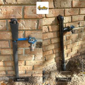 A side-by-side comparison showing old, damaged insulation on a supply line and hose bibb entering a home, alongside newly installed insulation by Honey Bee Plumbing.