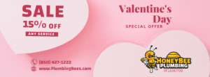 A festive Valentine's Day promotional graphic for Honey Bee Plumbing, featuring the Honey Bee Plumbing mascot, heart-themed design, and a bold "15% Savings on All Service Calls!" message. Includes the company logo, phone number (850) 427-1222, website www.plumbingbees.com, and Florida license number RF11067738. 