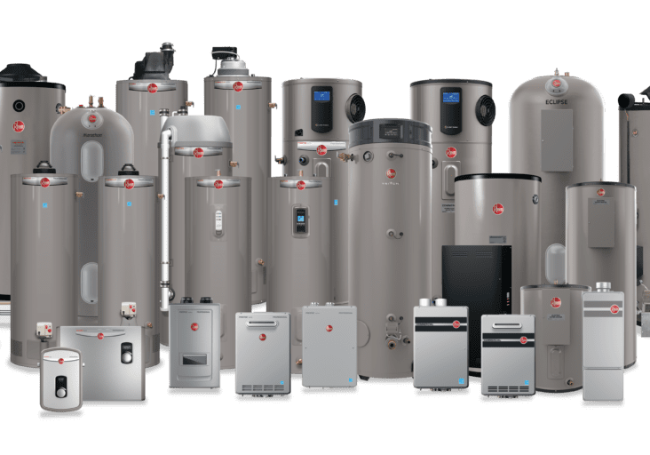 Various Rheem water heater models displayed together