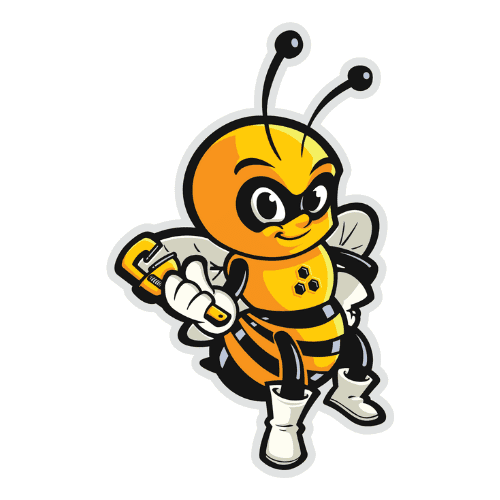 Honey Bee Plumbing Mascot. Cute, aggressive honey bee wearing white gloves, white boots, a black mask over the eyes, and pipe wrench in right hand.