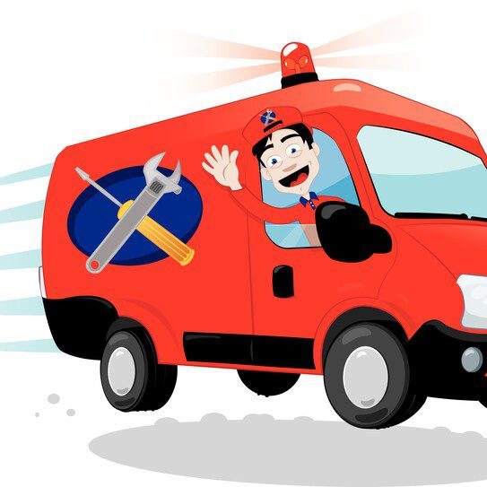 Illustration of an emergency plumber leaning out the window of a van with emergency lights on