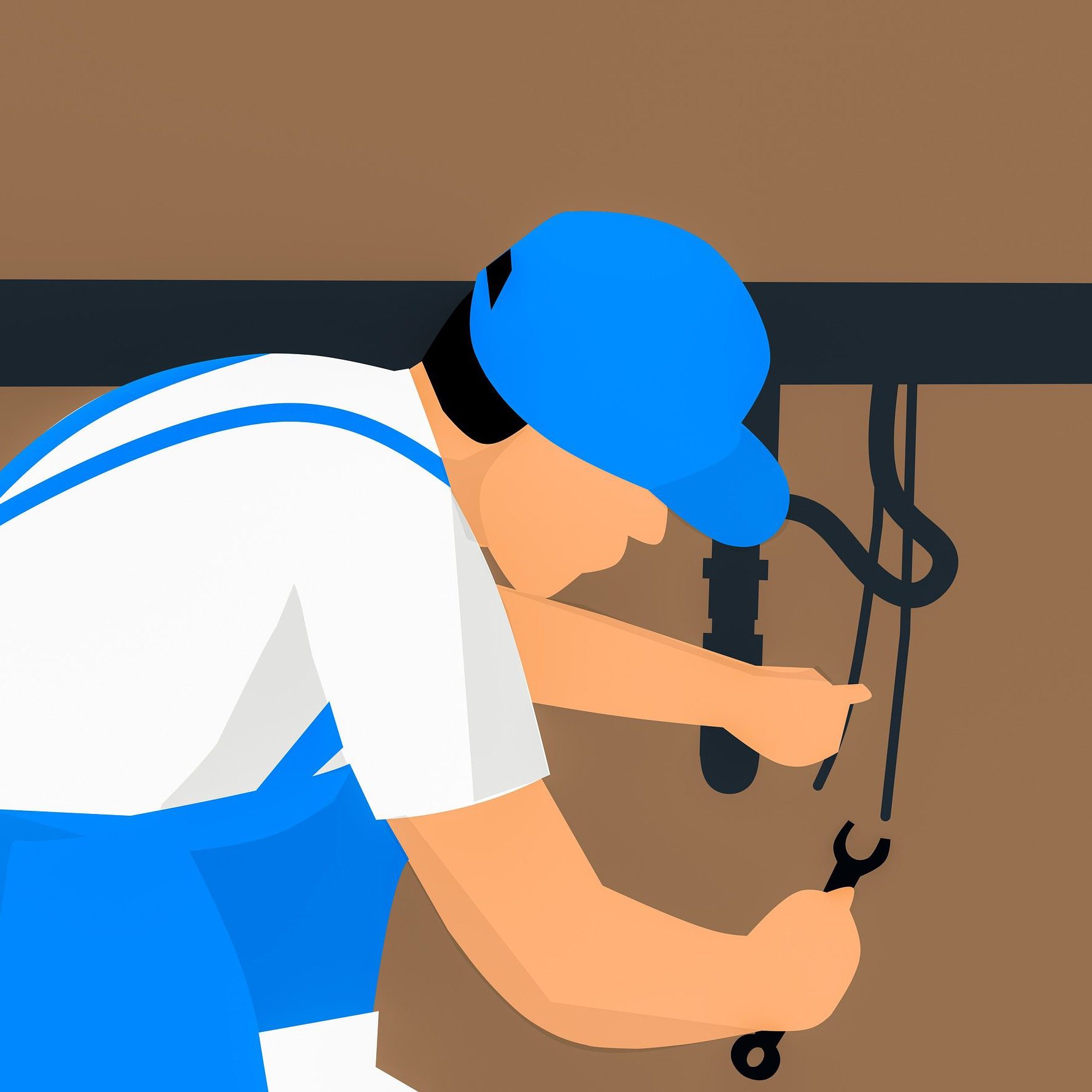 Illustration of a plumber working on pipes under a sink