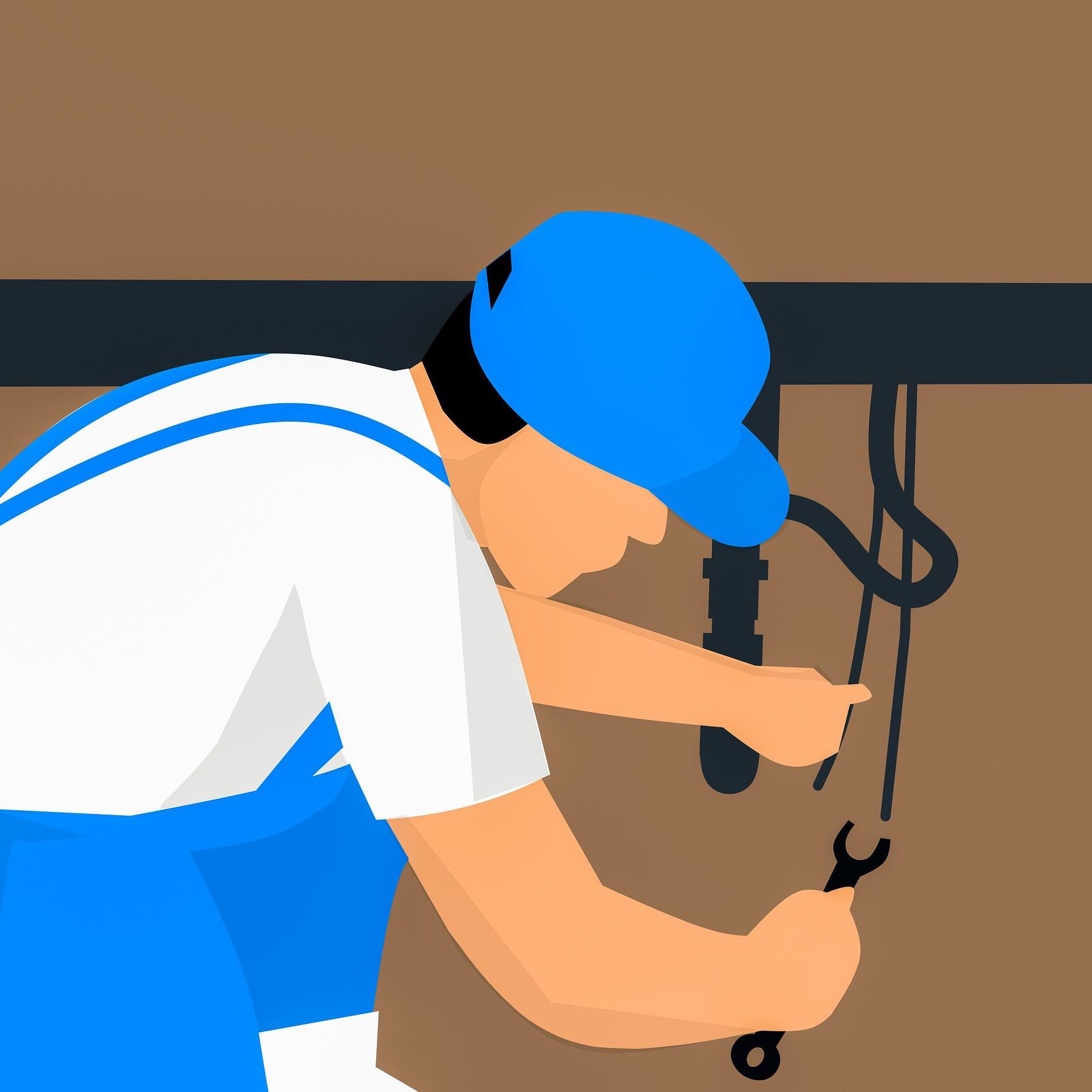 Plumbing Expertise in Action: Fixing Pipes Under the Sink Illustration of a plumber working on pipes under a sink
