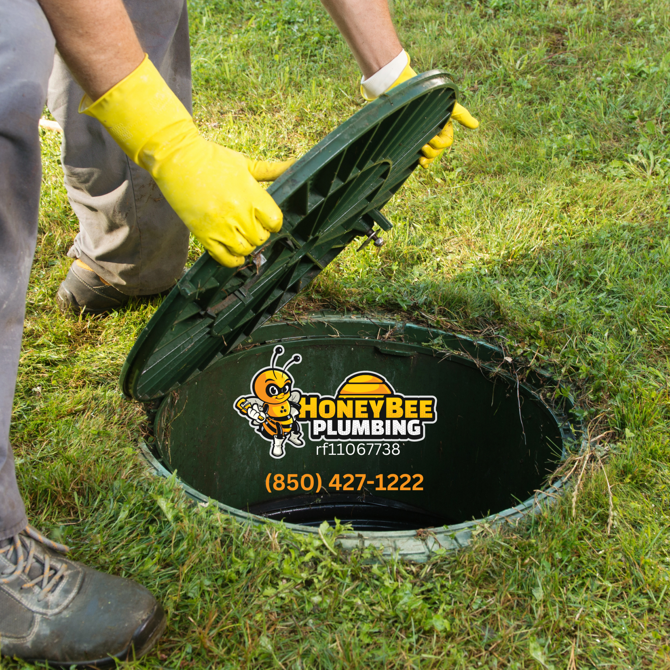 Sewer lid in a residential area, representing connection to a municipal sewer system